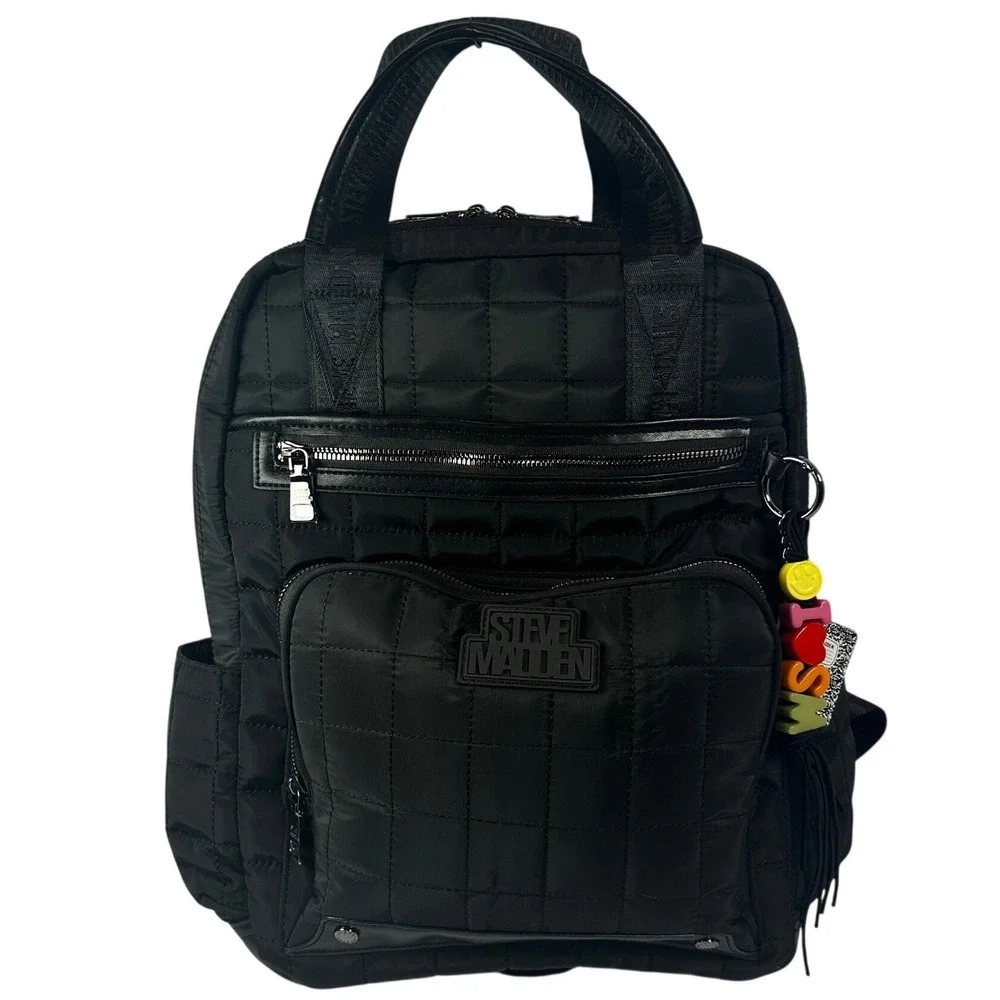 Steve‎ Madden Backpack Womens OS Black New Quilted Nylon Multi-Pocket Charm Bag